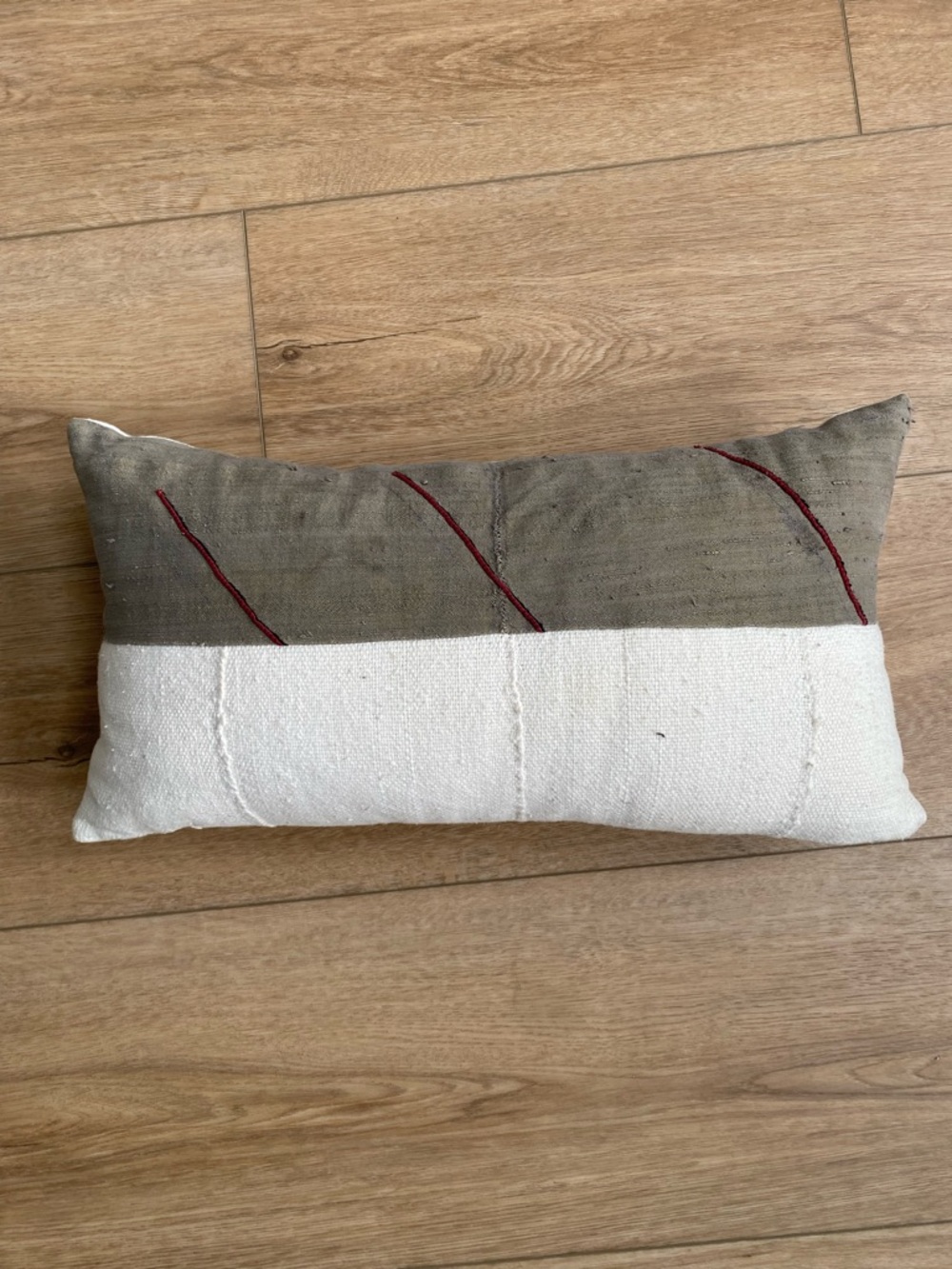 Handmade Two-Tone Lumbar Pillow with Vintage Fabric